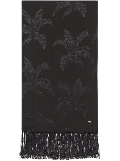 Saint Laurent Palm-tree Print Silk Scarf In Black