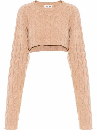 Miu Miu Cable Knit Cropped Cashmere Jumper In Camel Brown