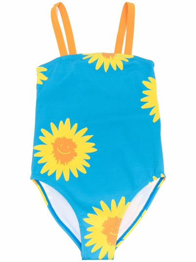 Stella Mccartney Kids' Printed Recycled Tech One Piece Swimsuit In Blue