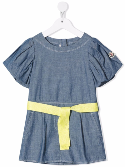 Moncler Kids' Blue Denim Ruffle Sleeve Dress With Contrast Belt In Blau
