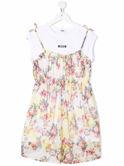 Msgm Kids Yellow Floral Dress With White T-shirt In Gelb