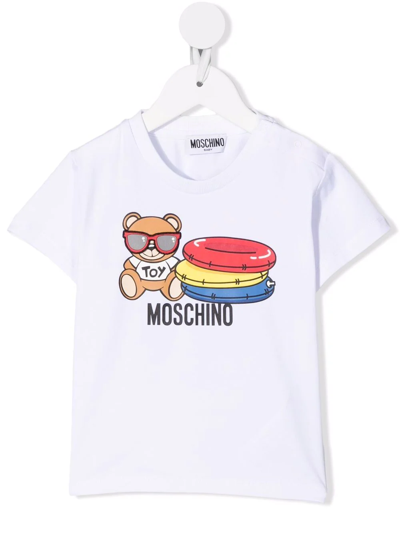 Moschino Babies' White Newborn T-shirt With Teddy Bear Print On The Front, Crew Neck, Short Sleeves And Straight Hem  In Bianco