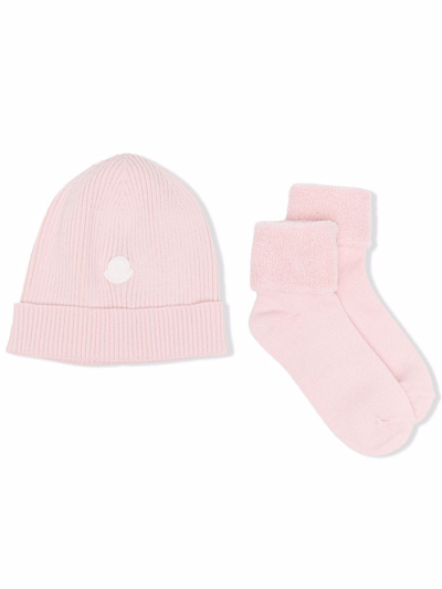 Moncler Kids' Logo-patch Hat Set In Pink