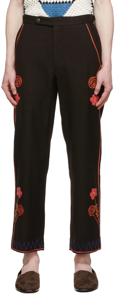 Bode Floral-embroidered Straight-leg Trousers In Brown