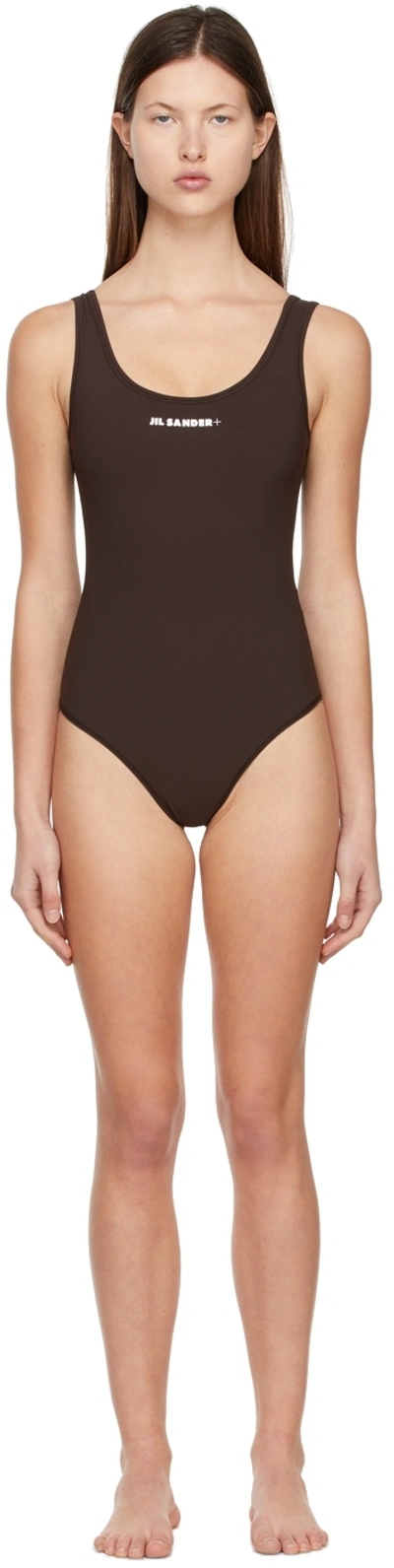 Jil Sander One Piece Swimsuit With Logo Print In Brown