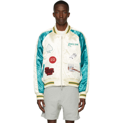 Rhude Cropped Colour-block Logo-embroidered Satin Bomber Jacket In White