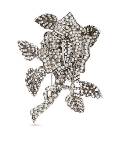 Saint Laurent Strass Rose Brooch In Silver