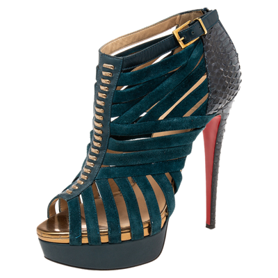 Pre-owned Christian Louboutin Dark Teal Suede And Python Leather Caged Karina Booties Size 38.5 In Green