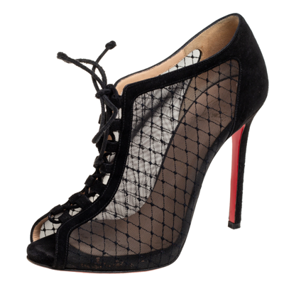 Pre-owned Christian Louboutin Black Mesh And Suede Lace-up Peep-toe Booties Size 38.5