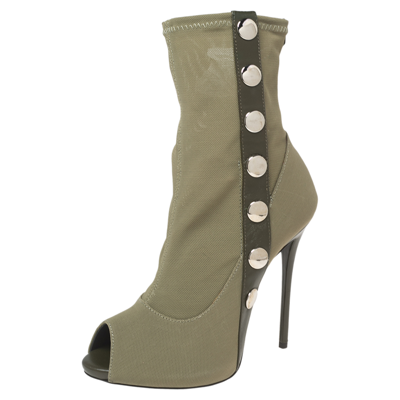 Pre-owned Giuseppe Zanotti Army Green Canvas And Studded Leather Peep-toe Ankle Boots Size 37