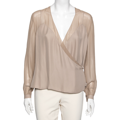 Pre-owned Ralph Lauren Taupe Silk Georgette Raina Wrap Blouse M In Grey