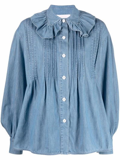 See By Chloé Flou Ruffled Pintucked Denim Blouse In Navy