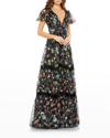 Mac Duggal Floral Print Pleated Wrap Over Butterfly Sleeve Dress In Black Multi