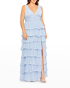 Mac Duggal Plus Size Empire Chiffon Gown With Tiered Ruffles In Powder Blue