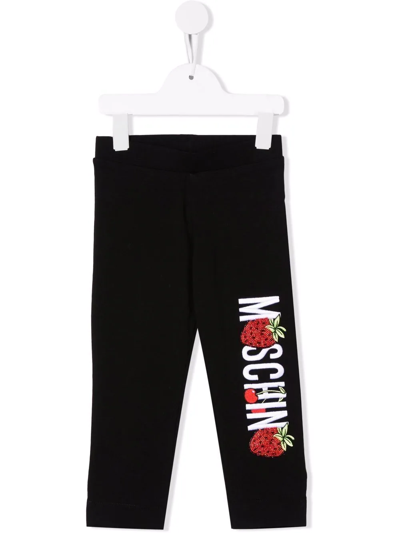 Moschino Kids' Strawberry Logo-embroidered Leggings In Schwarz