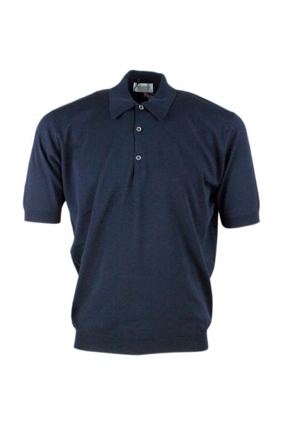 John Smedley Short-sleeved Polo Shirt In Extra-fine Cotton Thread With Three Buttons In Blu