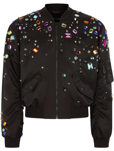 Dolce & Gabbana Crystal Embellished Nylon Bomber Jacket In Black