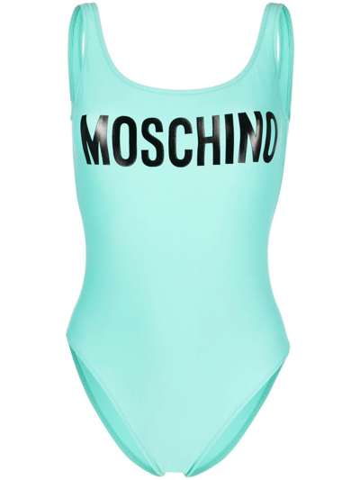 Moschino Logo印花露背连体泳衣 In Light Blue