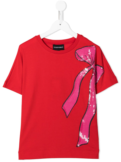Emporio Armani Kids' Sequin-embellished Short-sleeved T-shirt In Red