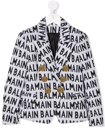 Balmain Kids All-over Logo Double-breasted Blazer (8-16 Years) In Grey