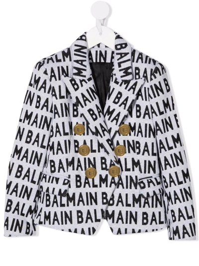 Balmain Teen Logo Jacquard Double-breasted Cotton Blazer In Grey