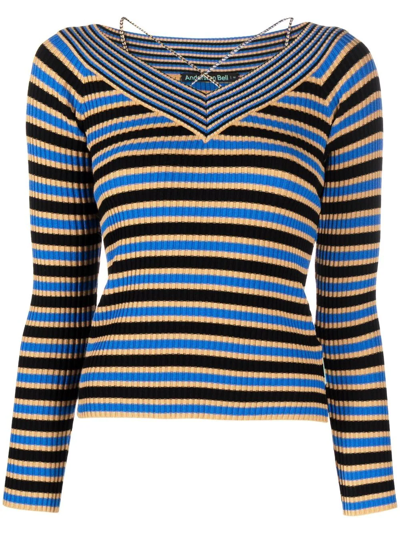 Andersson Bell Nina Off-the-shoulder Striped Ribbed-knit Top In Black