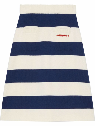 Gucci Logo-embroidered Striped Wool Skirt In Blue