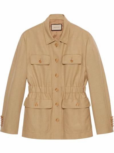 Gucci Elasticated-waistband Button-up Jacket In Neutrals