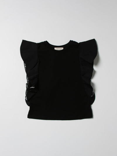 Twinset Kids' Top With Flounces And Logoed Band In Black