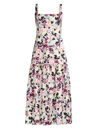 Aidan Mattox Floral-print Satin Midi-dress In Ivory Multi