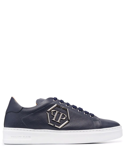 Philipp Plein Leather Lo-top Trainers Hexagon Trainer In Blue