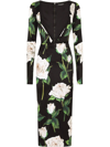 Dolce & Gabbana Satin Calf-length Dress With White Rose Print In Black