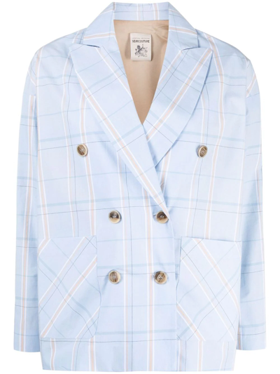 Semicouture Check-print Double-breasted Blazer In Blue