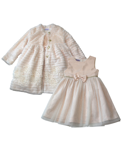 Blueberi Boulevard Baby Girls Sateen And Speckled Tulle Dress And Ribbed Faux Fur Coat, 2-piece Set In Cream