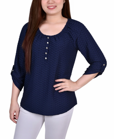 Ny Collection Women's 3/4 Sleeve Honeycomb Henley Top In Dark Blue