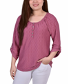 NY COLLECTION PETITE 3/4 SLEEVE HONEYCOMB HENLEY TOP