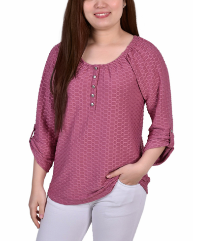 Ny Collection Plus Size 3/4 Sleeve Honeycomb Henley Top In Mauve