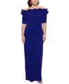 Xscape Ruffle Off The Shoulder Crepe Column Gown In Marine