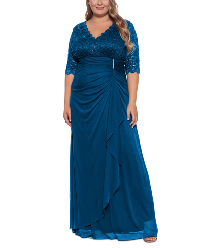 Betsy & Adam B&a By  Plus Size V-neck Gown In Peacock