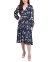 Ny Collection Women's Long Sleeve Clip Dot Chiffon Dress With Smocked Waist And Cuffs Dress In Navy Floral