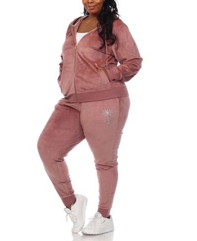 White Mark Plus Size Rhinestone Velour Tracksuit 2 Piece Set In Pink