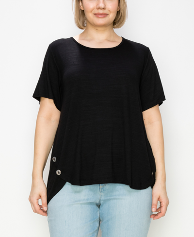 Coin Plus Size Button Panel Short Sleeve Top In Black