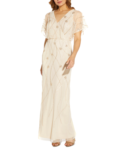 Adrianna Papell Petite Beaded Illusion Blouson Gown In Soft Silk