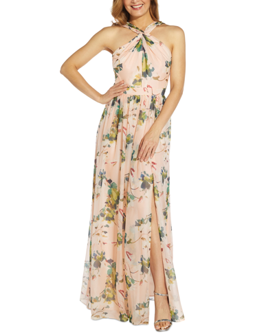 Adrianna Papell Floral-print Twist Halter Gown In Tan/beige