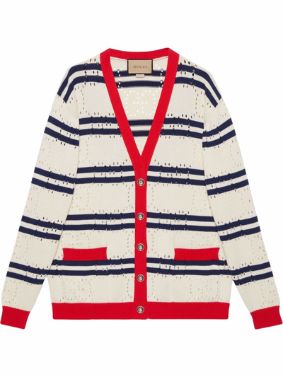 Gucci Gg Perforated Striped Cotton Cardigan In Ivory,blue