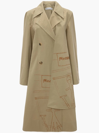 Jw Anderson Logo Printed Waxed Cotton Trench Coat In Beige