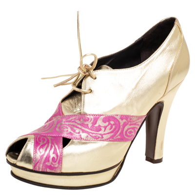 Pre-owned Fendi Metallic Gold/pink Printed And Leather Peep-toe Lace-up Ankle Booties Size 39