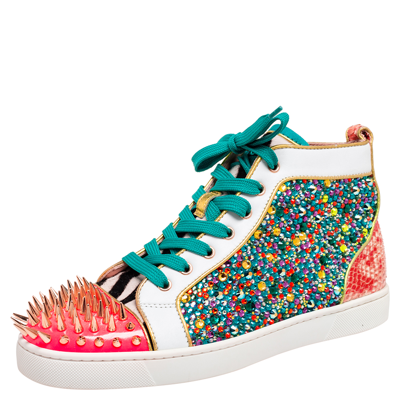 Pre-owned Christian Louboutin Multicolor Crystal Embellished Suede, Calf Hair And Patent Leather No Limit Spikes Cap-toe Sneakers 