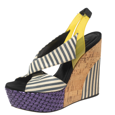 Pre-owned Dolce & Gabbana Multicolor Striped Fabric And Pvc Cross Strap Slingback Wedge Sandals Size 37