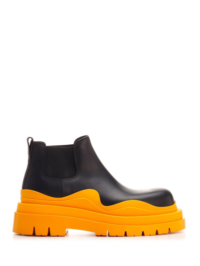Bottega Veneta Black Leather Tire Ankle Boots With Orange Rubber Outsole In Nero